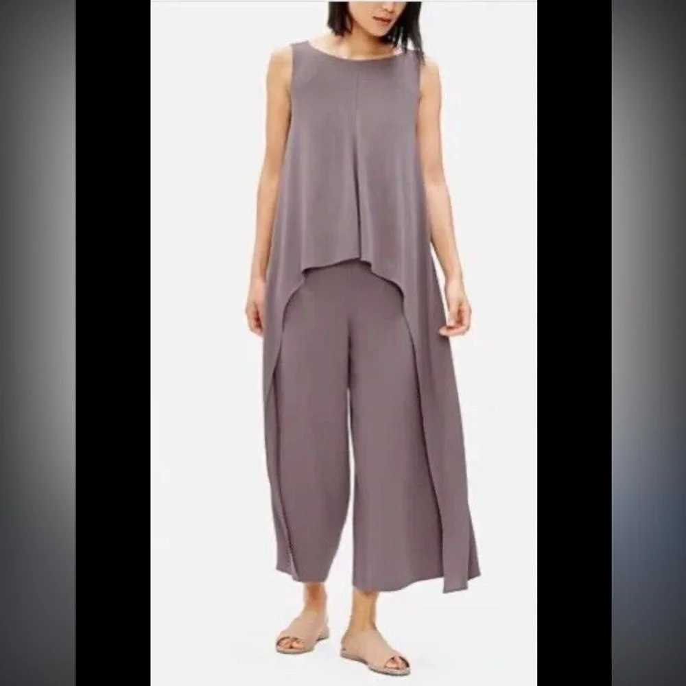 Eileen Fisher Georgette Silk Jumpsuit XS Wide Leg Lagenlook Purple Crop M